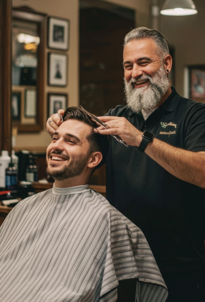 A smiling barber with a gray beard trims a young man’s hair with scissors in a cozy barbershop.