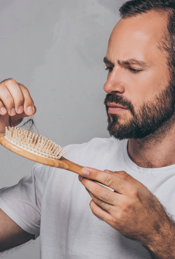 A bearded man looks concerned as he examines strands of hair caught in a wooden hairbrush.