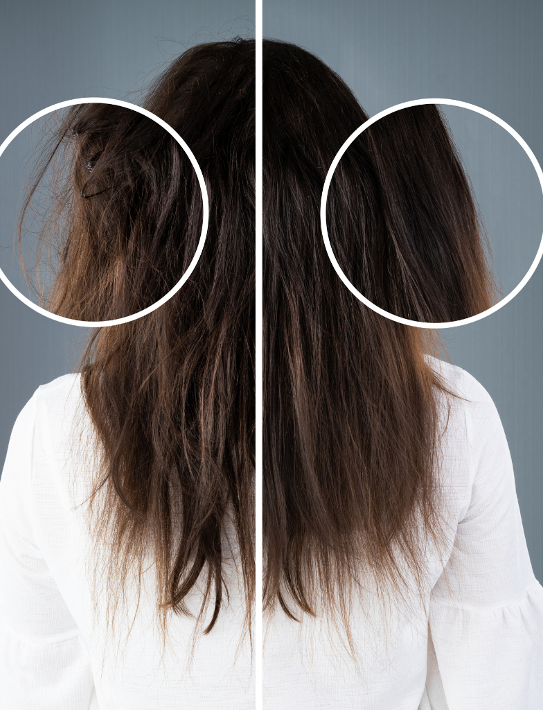Before and after comparison of frizzy damaged hair and smooth healthy straight hair