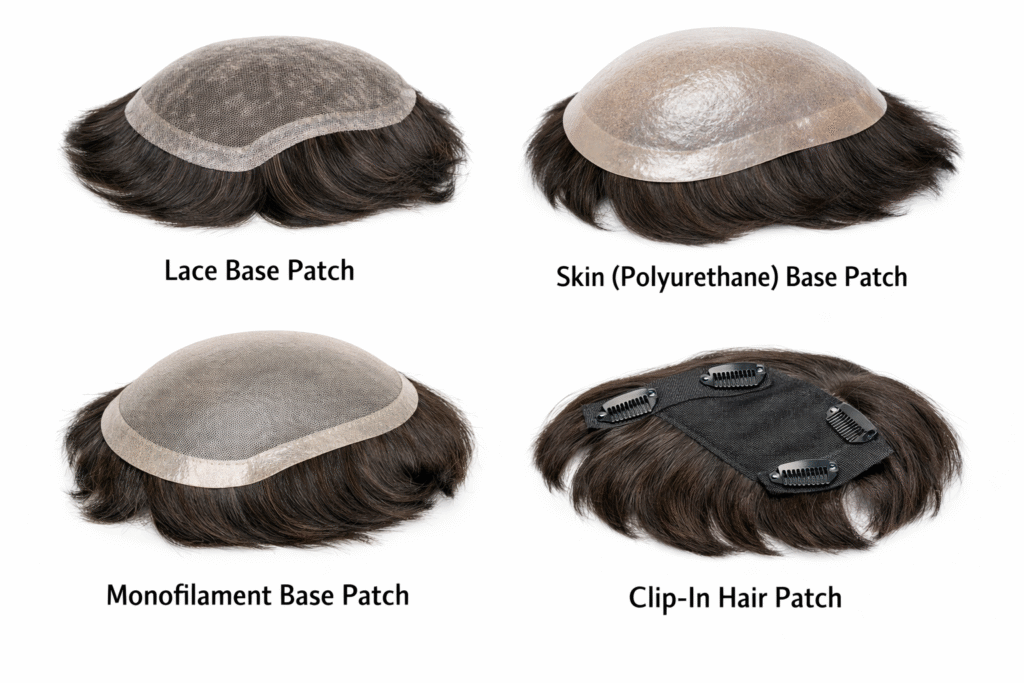 “Comparison of four hair patch base types: lace base, skin polyurethane base, monofilament base, and clip-in hair patch.”