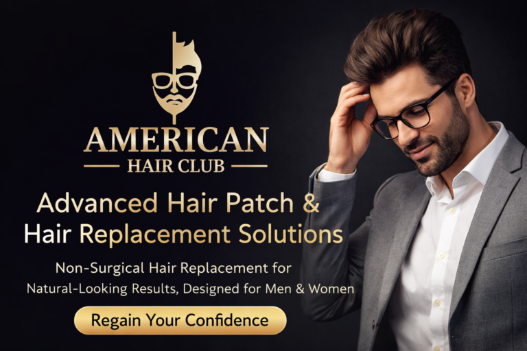 American Hair Club promoting advanced hair patch and non-surgical hair replacement solutions for natural-looking results