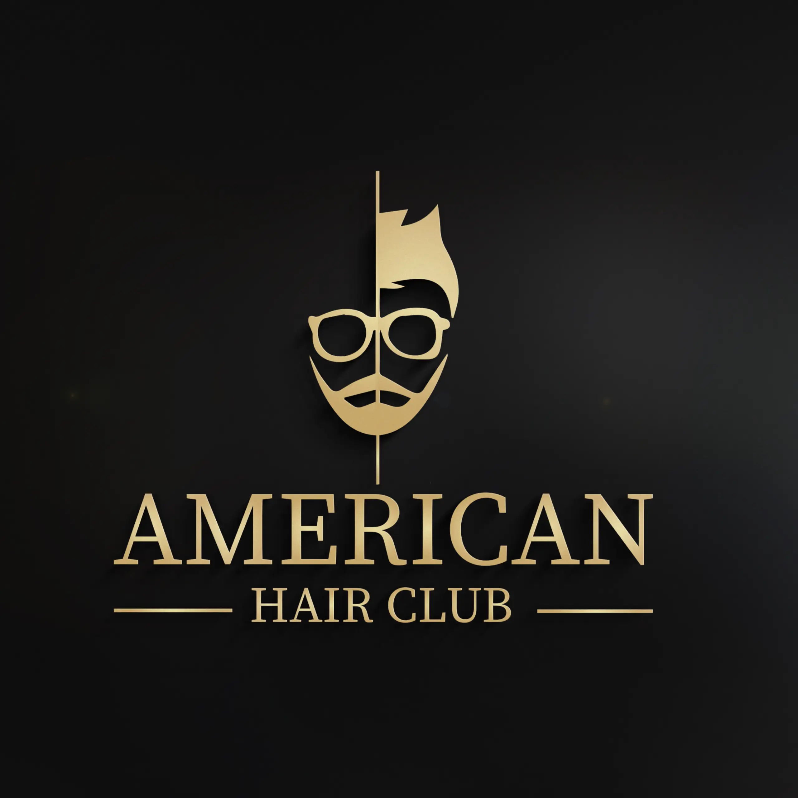 American Hair Club logo featuring a stylized male face with glasses and beard in gold on a black background.”
