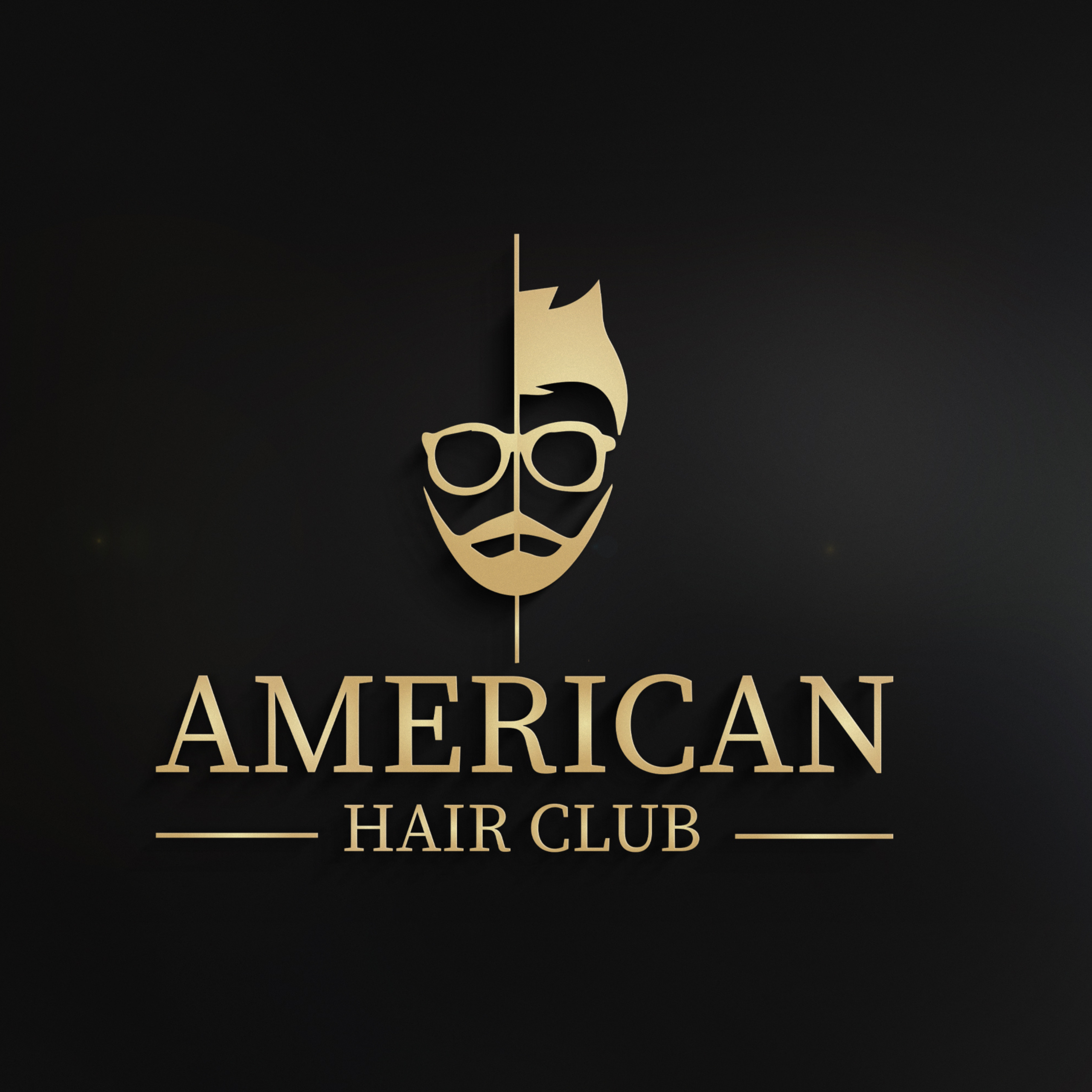 American Hair Club logo featuring a stylized male face with glasses and beard in gold on a black background.”