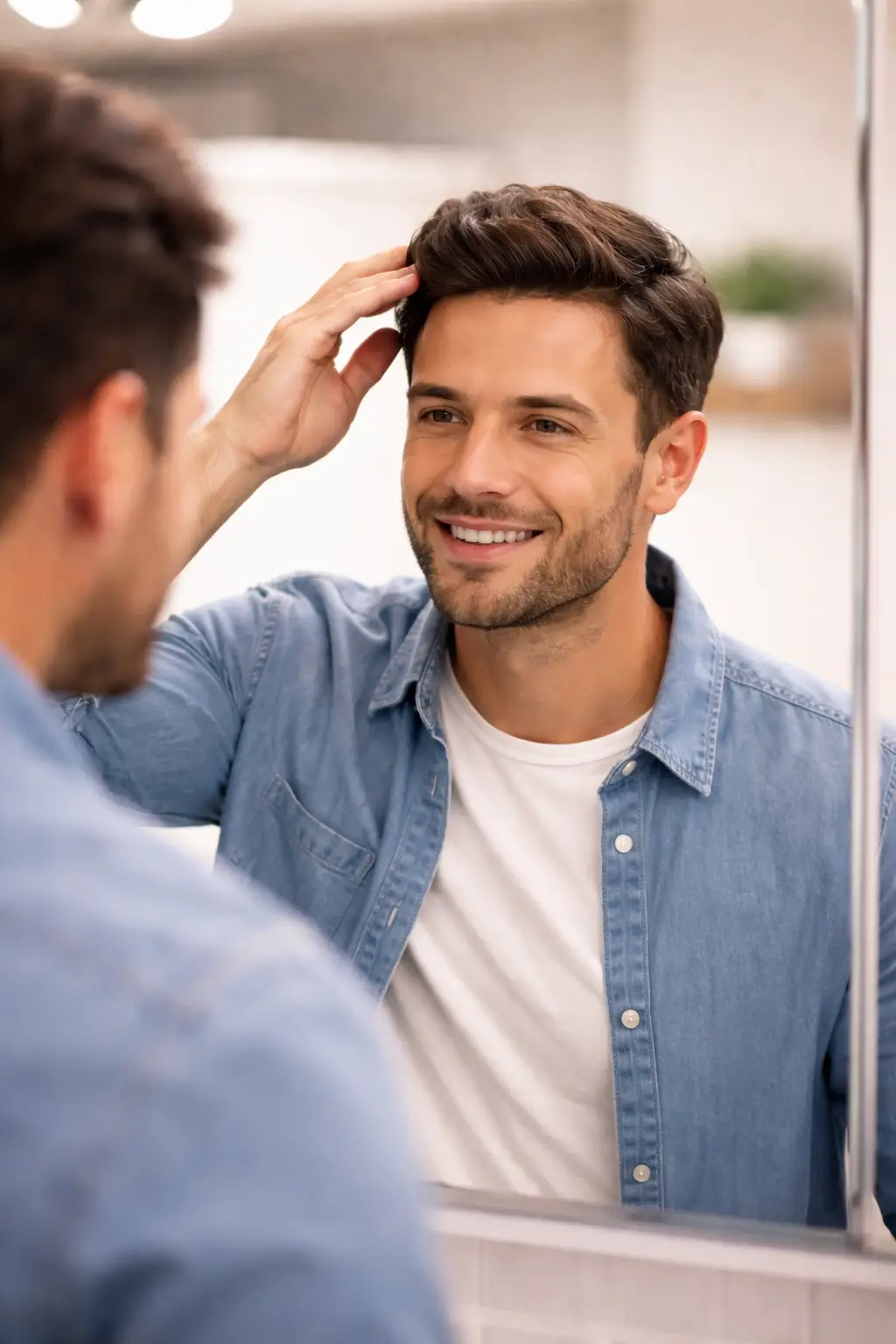 Man checking his natural-looking hair patch in the mirror with a confident smile
