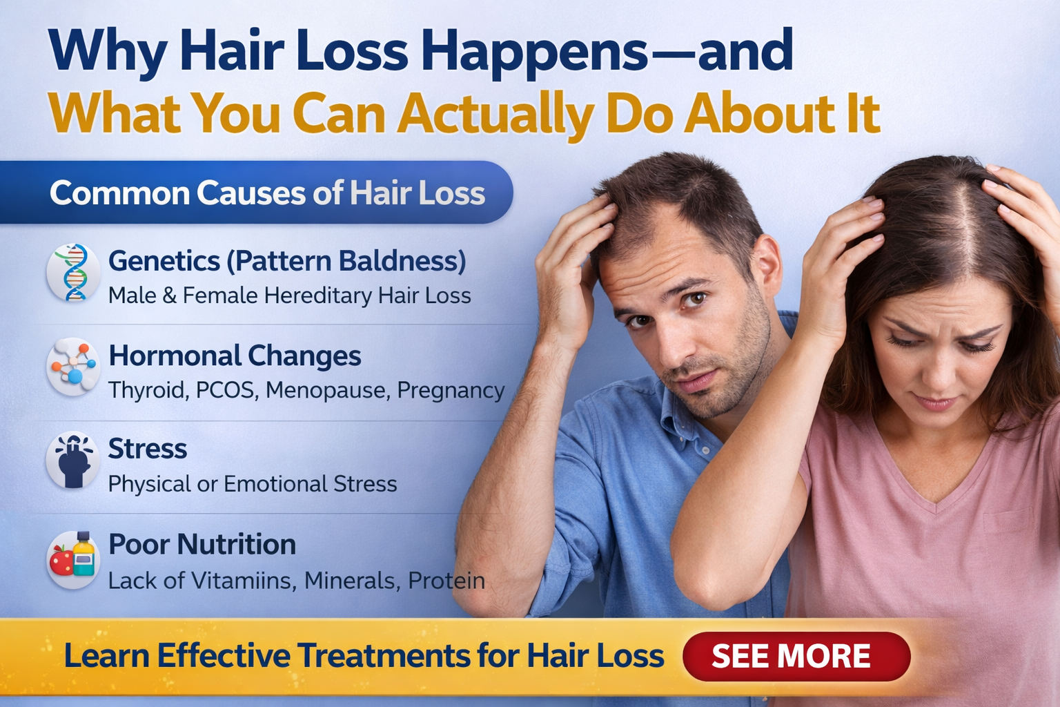 Infographic explaining why hair loss happens showing common causes like genetics, hormonal changes, stress, and poor nutrition with male and female hair thinning examples