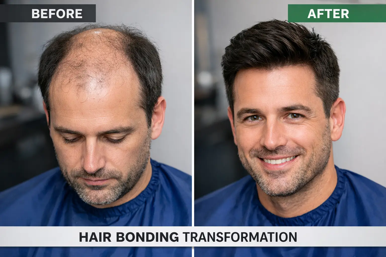 Hair bonding before and after image showing hair loss transformation with natural-looking hair restoration