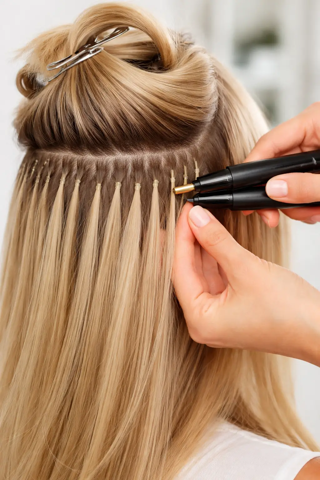 Fusion hair extensions being applied using keratin bond method for natural volume and length