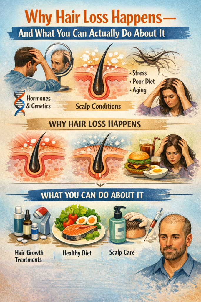 An educational infographic titled "Why Hair Loss Happens—And What You Can Actually Do About It