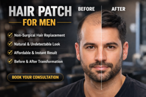 Before and after transformation of a man using a non-surgical hair patch for men showing natural and instant hair replacement results.