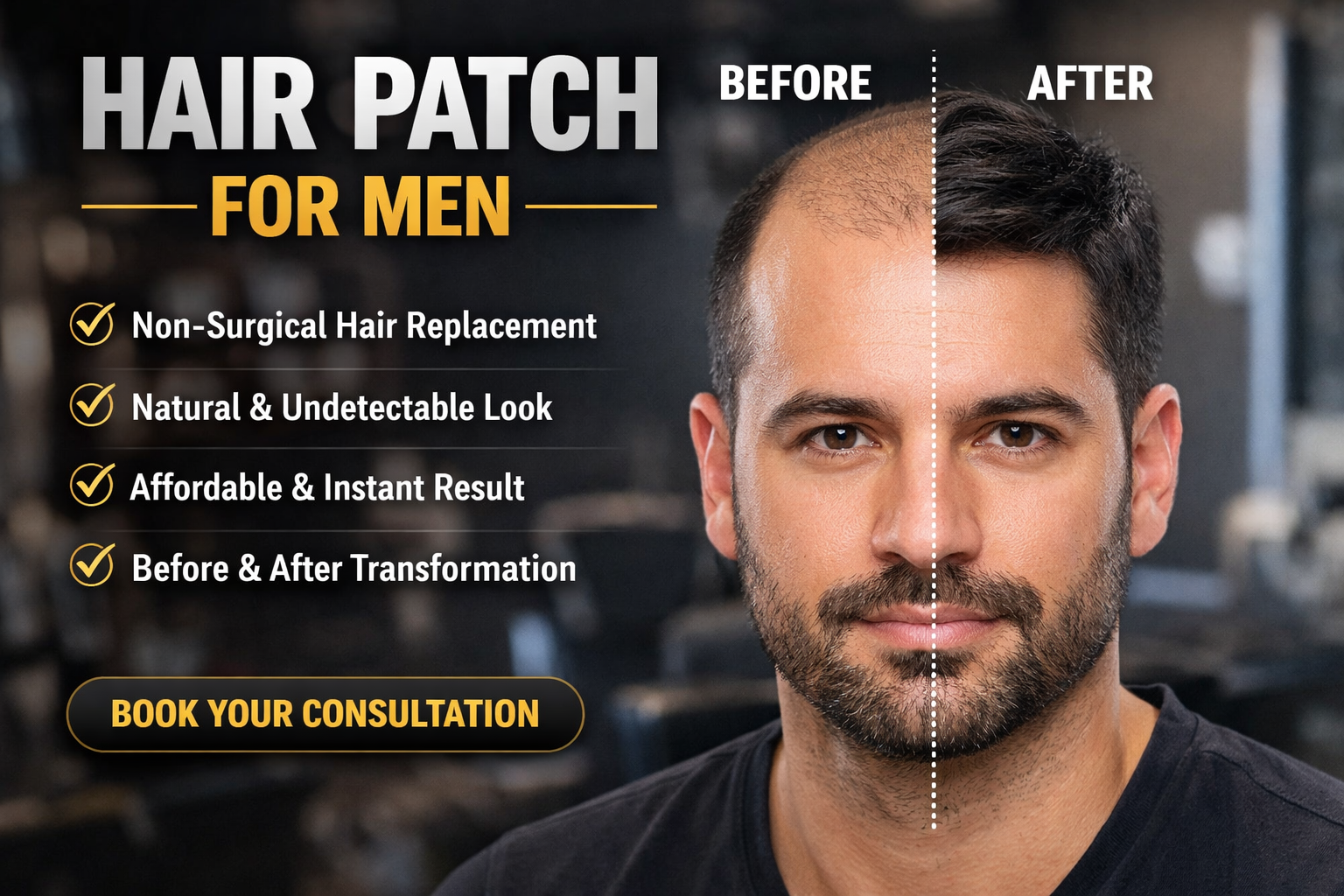 Before and after transformation of a man using a non-surgical hair patch for men showing natural and instant hair replacement results.