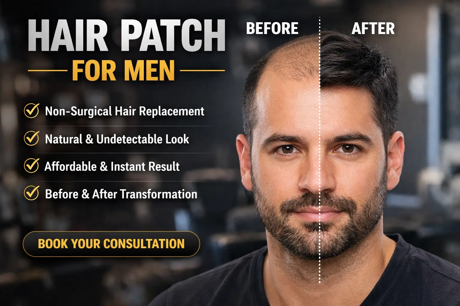 Before and after transformation of a man using a non-surgical hair patch for men showing natural and instant hair replacement results.