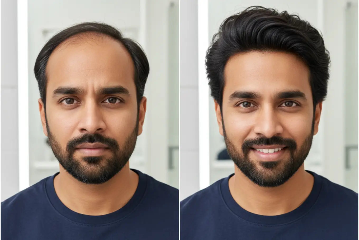 Before and after hair transformation showing bald man with receding hairline and full natural-looking hair replacement result