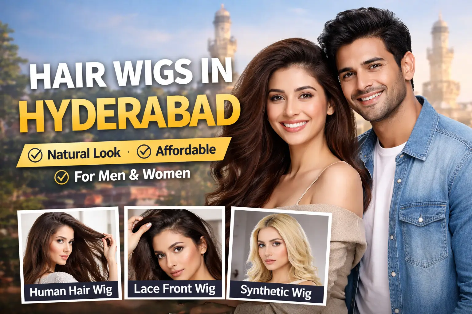 Hair wigs in Hyderabad showcasing human hair, lace front, and synthetic wig styles for men and women