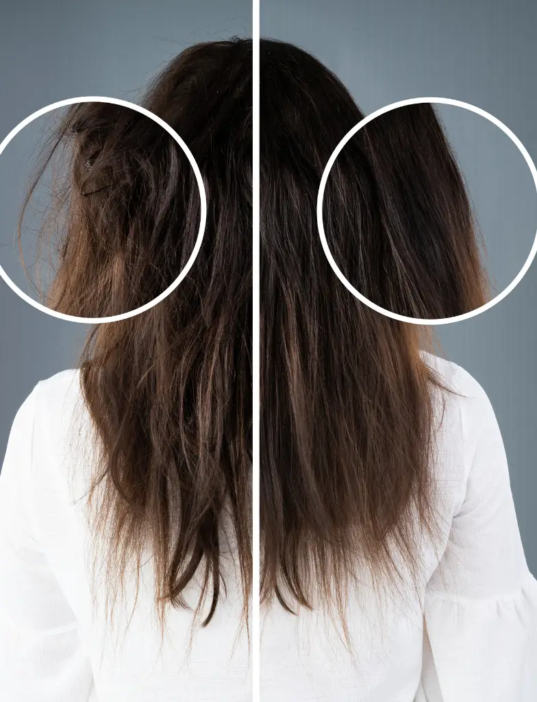 Before and after comparison of frizzy damaged hair and smooth healthy straight hair