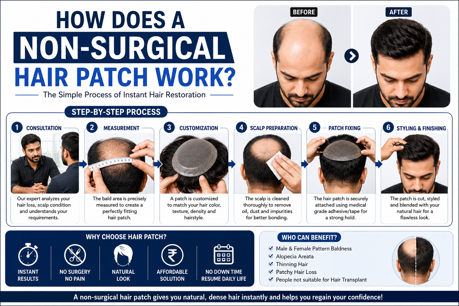 Non-surgical hair patch treatment process showing before and after hair restoration results with a natural-looking hair replacement system