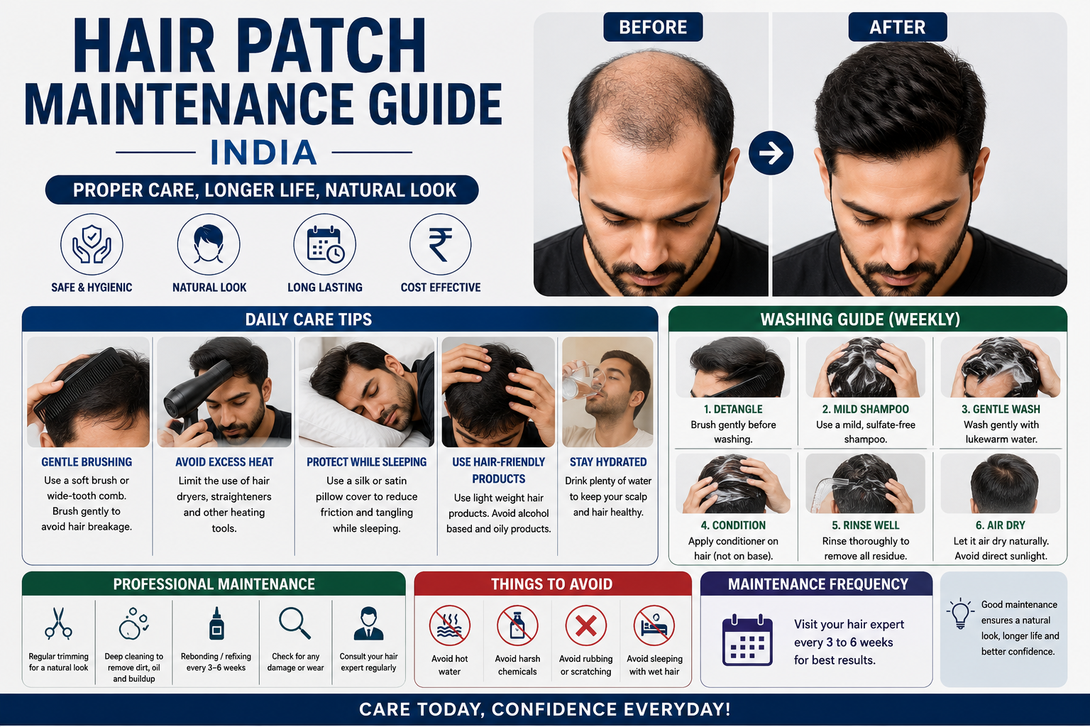 Hair patch maintenance guide showing daily care, washing instructions, professional maintenance tips, and before-and-after hair restoration results.