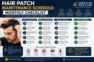 American Hair Club featuring a complete hair patch maintenance schedule. The poster includes daily, weekly, monthly, and every 2–3 months care checklists with icons, expert maintenance tips, common mistakes to avoid, and guidance for keeping a hair patch clean, secure, natural-looking, and long-lasting.