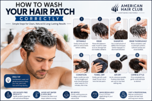 A man gently washing his hair patch with sulfate-free shampoo while following a step-by-step hair system care guide. The infographic highlights proper washing, conditioning, drying, and maintenance techniques to keep a hair patch looking natural and long-lasting.