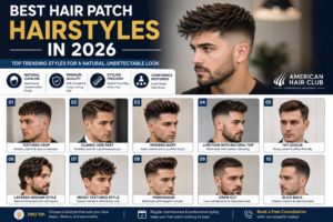 the top 10 trending hair patch hairstyles for men in 2026, including textured crop, classic side part, modern quiff, low fade, Ivy League, layered medium style, messy textured hairstyle, pompadour, crew cut, and slick back. The poster features American Hair Club branding and highlights natural-looking, non-surgical hair replacement solutions.