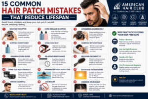 A professional infographic from American Hair Club highlighting the most common hair patch care mistakes that reduce the lifespan of a hair system. The design features hair patch maintenance tips, dos and don'ts, proper washing techniques, styling advice, and expert recommendations for keeping a hair patch natural-looking, secure, and long-lasting.