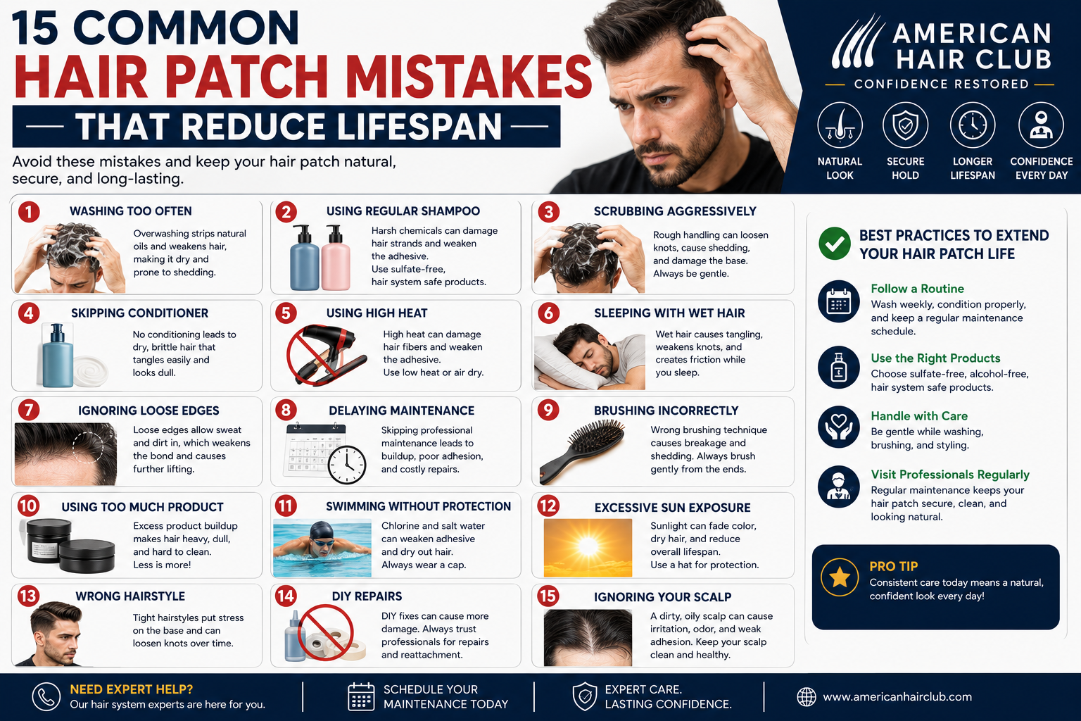 A professional infographic from American Hair Club highlighting the most common hair patch care mistakes that reduce the lifespan of a hair system. The design features hair patch maintenance tips, dos and don'ts, proper washing techniques, styling advice, and expert recommendations for keeping a hair patch natural-looking, secure, and long-lasting.