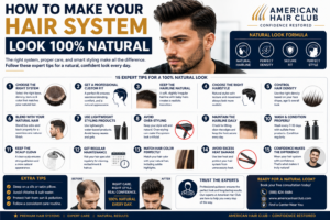 A professional infographic from American Hair Club showing step-by-step tips on how to make a hair system look 100% natural. The design includes guidance on choosing the right system, professional fitting, natural hairline design, density control, styling tips, maintenance routines, and expert advice for achieving a realistic, undetectable appearance.
