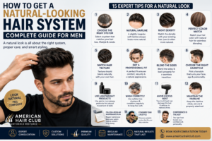 Man wearing a natural-looking hair system with an infographic showing 15 expert tips for choosing, fitting, styling, and maintaining a realistic hair system, featuring American Hair Club.