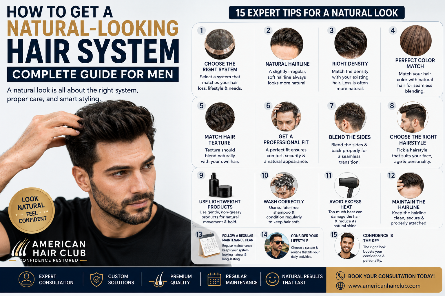 Man wearing a natural-looking hair system with an infographic showing 15 expert tips for choosing, fitting, styling, and maintaining a realistic hair system, featuring American Hair Club.